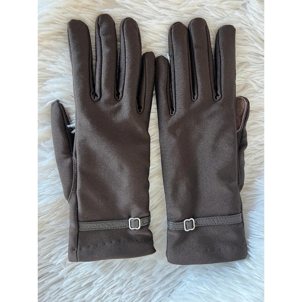 Brown Stretch Riding Gloves Faux Suede Genuine Leather Touchscreen Style Winter